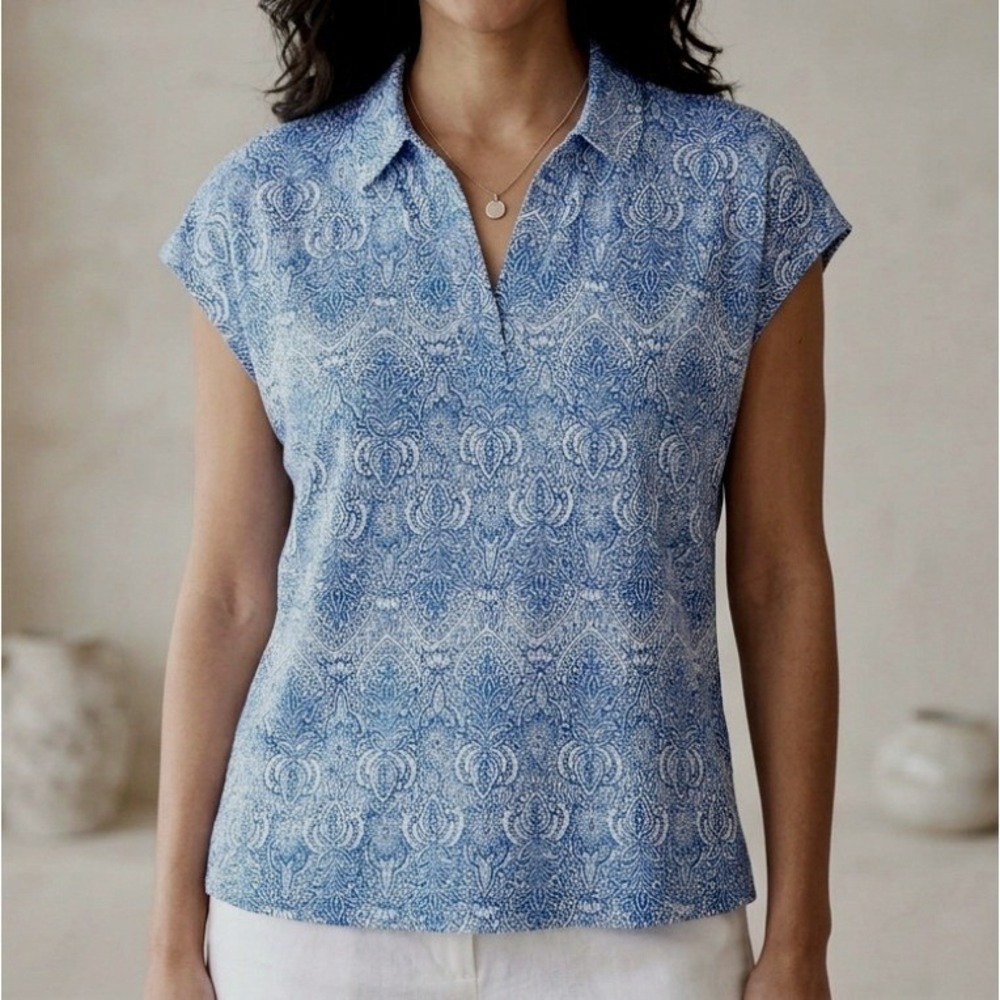 Rachel Zoe Blue White Damask Paisley 100% Linen Knit V-Neck Cap Sleeve Top XL
